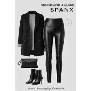 SPANX Quilted Moto Faux Leather Leggings Black Coated Stretch Skinny Size S